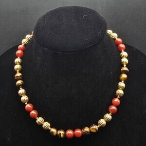Hobe Red Carnelian Tiger's Eye Necklace Gold Tone Beaded Vintage Jewelry